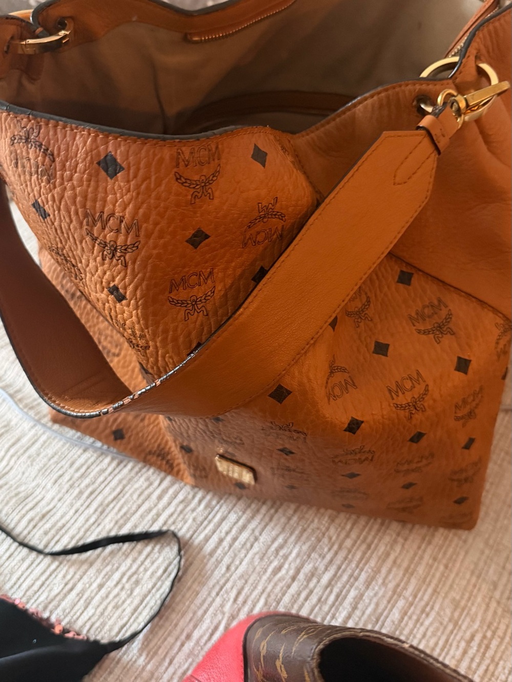 MCM Cognac-Orange Visetos Hobo Shoulder Bag